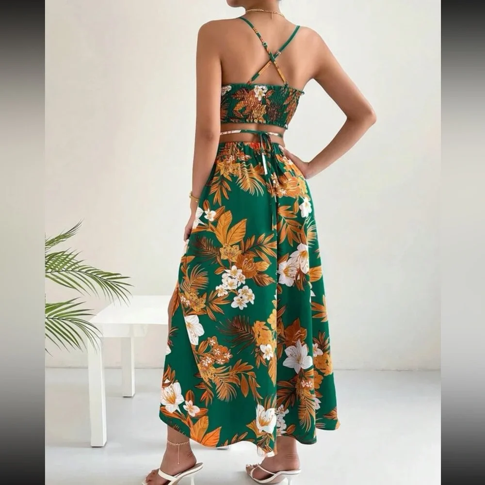 Boho tropical floral print backless skirt and top set